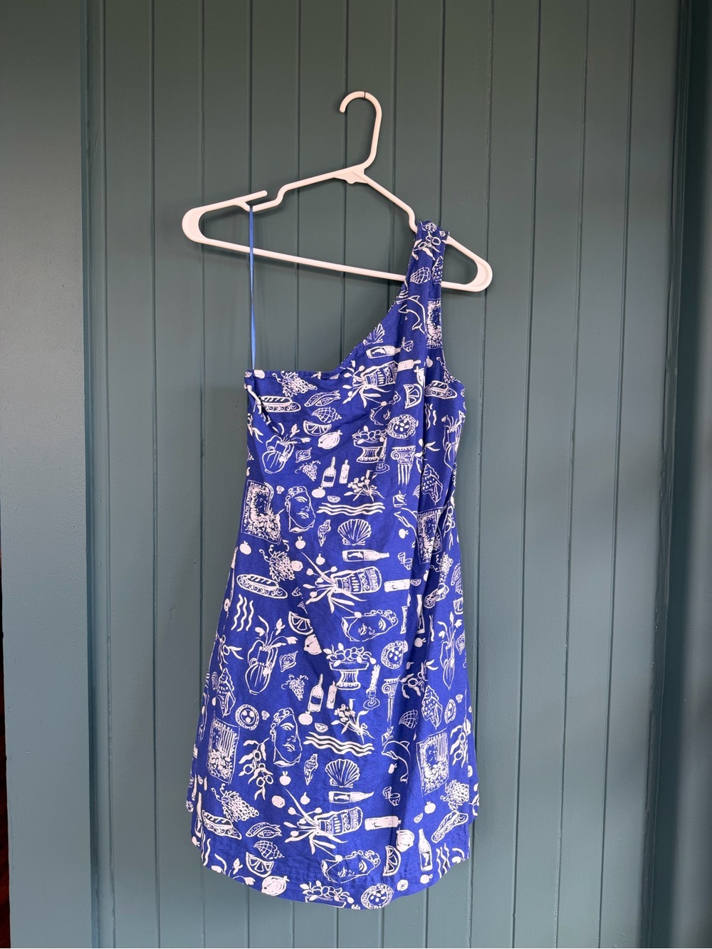 Lisa Says Gah Blue and White Printed Sundress with One-Shoulder Strap